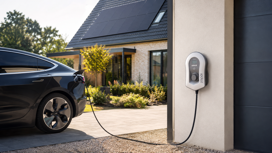 Laadpaal met zonne-integratie geïnstalleerd bij een woning met zonnepanelen