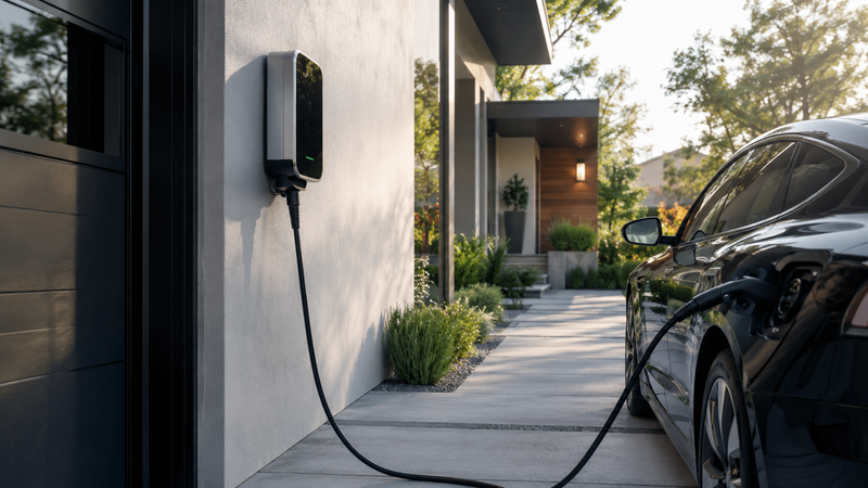 Elektrische auto die thuis oplaadt aan een laadpaal aan de muur