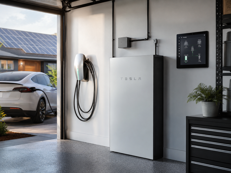 Thuisbatterij als back-upsysteem geïnstalleerd in een moderne garage